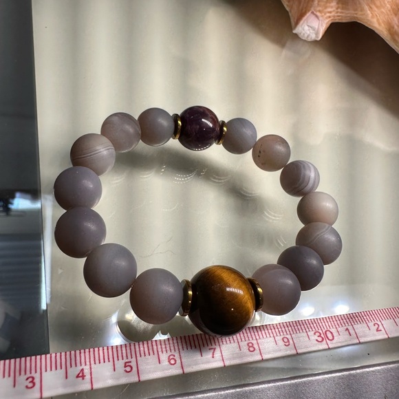 AGATE BANDED + TIGERS EYE + SUPER SEVEN  STONES BRACELET Size 7” - Picture 10 of 12